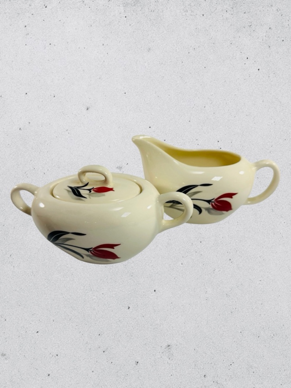 Vintage MCM Pottery Red Tulip Creamer Sugar Bowl Lid Black Leaf Kitchen Dining